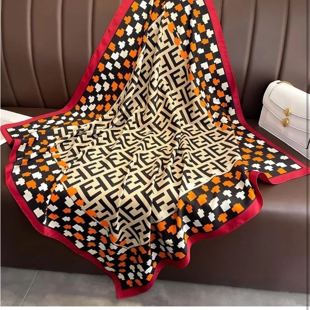 COPY - Geometric Patterned Silk like Scarf - Red, Black, Cream bandana